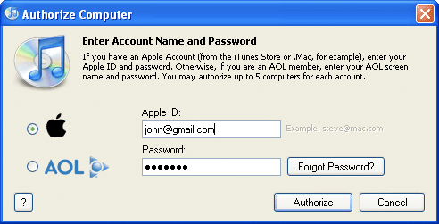 Authorize Computer iTunes dialog