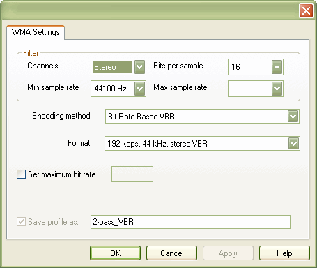 Settings of WMA audio format